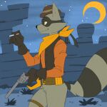 1:1 2025 anthro belt bottomless brown_eyes cigarette clothed clothing cowboy cowboy_hat crescent_moon desert facial_hair fur gloves grey_body grey_fur gun half-closed_eyes handgun handwear hat headgear headwear hi_res holding_gun holding_handgun holding_object holding_ranged_weapon holding_revolver holding_weapon kerchief male mammal markings mask moon mustache narrowed_eyes neckerchief neckwear night outlaw procyonid raccoon ranged_weapon revolver ring_(marking) ringed_tail side_view sly_cooper_(series) smile solo sony_corporation sony_interactive_entertainment star striped_markings striped_tail stripes sucker_punch_productions tail tail_markings tennessee_kid_cooper topwear vest weapon western wild_west zombbh