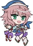  1girl :d blue_hat blue_shirt blush brown_sandals chibi chibi_only full_body gourd green_eyes hand_up hat long_sleeves looking_at_viewer mirei_(miirei) okunoda_miyoi open_mouth pink_hair purple_skirt sandals shirt short_hair simple_background skirt smile socks solo standing standing_on_one_leg tabi touhou transparent_background whale_hat white_socks 