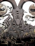  1boy body_piercings commentary_request disembodied_eye elden_ring elden_ring_nightreign extra_eyes goat_horns highres holding_balance_scale holding_scale hooves horizontal_pupils horns horrorjinkaku libra_(elden_ring) limited_palette madness_affliction_(elden_ring) monster monster_focus signature very_big_eyes white_background 