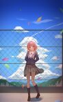  1girl absurdres arms_behind_back binnn_ze blue_eyes blue_jacket blue_sky blue_socks blush braid brown_shoes building chain-link_fence cloud cloudy_sky commentary day envelope fence grey_skirt grin highres jacket kaf_(kamitsubaki_studio) kamitsubaki_studio loafers long_hair long_sleeves looking_at_viewer low_twin_braids low_twintails mountainous_horizon neck_ribbon on_rooftop pink_hair pleated_skirt red_pupils red_ribbon ribbon rooftop school_uniform shirt shoes skirt sky smile socks solo standing thighs twin_braids twintails virtual_youtuber white_shirt yellow_pupils 