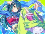  1girl absurdres aqua_hair arm_up blue_background blue_shirt commentary cropped_shirt crossed_bangs english_commentary gakuen_idolmaster garakuta_road_(idolmaster) green_background green_eyes green_hair green_pants hair_intakes hair_ornament hairclip highres honeycomb_(pattern) idolmaster iruiru_popopo long_hair long_sleeves looking_at_viewer midriff_peek multiple_hairclips off-shoulder_shirt off_shoulder open_hand outline outstretched_arm pants pink_socks polka_dot polka_dot_background red_shirt see-through_clothes see-through_pants shirt shoes sidelocks smile socks solo sparkle tsukimura_temari turtleneck turtleneck_shirt two-tone_background w w_over_head white_outline white_shoes yellow_pants 