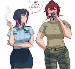  2girls are_you_a_virgin?_(meme) arm_under_breasts belt black_hair blue_shirt blue_skirt blush breasts bright_pupils camouflage camouflage_pants can cigarette closed_eyes colored_inner_hair commentary dangodes dog_tags dress_shirt drink_can english_commentary english_text green_belt green_pants green_shirt hair_between_eyes hair_intakes hand_in_pocket highres holding holding_can holding_cigarette large_breasts medium_hair meme multicolored_hair multiple_girls original pants pencil_skirt pepsi pink_hair ponytail red_eyes red_hair ribbon_bar scene_reference shirt short_sleeves simple_background skirt smoke smoking soda_can speech_bubble spit_take spitting standing tokyo_ghoul white_background white_pupils yuri 