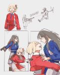  2girls black_hair blonde_hair blue_dress chisato_carrying_takina_(lycoris_recoil) closed_eyes dress greyscale gun hair_ribbon handgun harurushi heart highres inoue_takina light_machine_gun long_hair lycoris_recoil lycoris_uniform machine_gun monochrome multiple_girls nishikigi_chisato open_mouth pkm red_eyes red_ribbon ribbon short_hair simple_background weapon white_background 