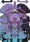  1girl 2boys absurdres arrow_(symbol) baseball_cap black_coat black_hat brothers closed_eyes coat commentary_request emmet_(pokemon) gloves hat heart heart_hands heart_hands_duo highres hilda_(pokemon) ingo_(pokemon) jgrc457_(orice_iscute) looking_at_viewer multiple_boys one_eye_closed peaked_cap pokemon pokemon_black_and_white siblings white_coat white_gloves white_hat 
