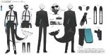  1boy :d absurdres animal_print aqua_jacket belt black_belt black_gloves black_jacket black_necktie black_pants black_shoes black_skin blue_eyes cetacean_tail chest_harness collared_shirt color_guide colored_eyelashes colored_skin commentary_request cross-laced_shoes dress_shoes ear_piercing earrings eyewear_on_head fins fish_print fish_tail full_body gloves gun hair_over_one_eye hanami_haru handgun harness highres holster holstered jacket jacket_on_shoulders jewelry kanjou_x_jingai lapel_pin looking_at_viewer male_focus mullet multiple_views necktie orca_boy original pants piercing reference_sheet sharp_teeth shirt shoes shoulder_holster simple_background smile standing suit_jacket suit_pants sunglasses tail teeth tie_clip turnaround two-sided_fabric two-sided_jacket wallet_chain weapon white_background white_eyelashes white_eyeshadow white_hair white_shirt 