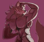  2021 absurd_res anthro back_muscles barazoku biceps big_muscles biped black_nose canid canine canis digital_media_(artwork) eyebrows glistening glistening_eyes hi_res law_(sdorica_sunset) looking_at_viewer looking_back looking_back_at_viewer male mammal muscular muscular_anthro muscular_male nipples pecs pinumontbalou pinup pose purple_background sdorica sdorica_sunset simple_background smile solo standing wolf 