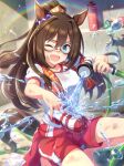  1girl absurdres animal_ears artist_request bare_arms bare_legs barefoot bathroom blue_eyes blue_scrunchie breasts brown_hair card_(medium) card_commentary clothes_around_waist commentary dirty dirty_clothes dirty_face ear_scrunchie el_condor_pasa_(umamusume) faucet full_body game_asset gym_shirt hair_between_eyes hair_ornament happy high_ponytail highres holding holding_hose holding_shoes holding_unworn_clothes horse_ears horse_girl horse_tail hose indoors jacket jacket_around_waist large_breasts light_particles long_hair mask official_art one_eye_closed ponytail puffy_short_sleeves puffy_sleeves rainbow red_jacket red_mask red_shorts scrunchie shirt shoes short_sleeves shorts sidelocks sneakers solo splashing squatting striped_clothes striped_scrunchie tail third-party_source tile_wall tiles towel towel_around_neck tracen_training_uniform track_jacket umamusume unworn_shoes very_long_hair water water_drop white_shirt white_shoes wrestling_mask 