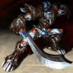  beast_wars beast_wars:_transformers brown_fur commentary dracoleech highres holding holding_sword holding_weapon maximal mecha mecha_focus no_humans open_mouth optimus_primal red_eyes robot science_fiction sharp_teeth solo sword teeth transformers weapon 