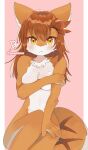  2021 accessory anthro blush breasts brown_body brown_fur brown_hair canid canine chest_tuft claws covering covering_breasts covering_self embarrassed female finger_claws fingers fluffy fur hair hair_accessory hi_res kemono looking_at_viewer mammal multicolored_body multicolored_fur nude pawpads popoemo solo tuft two_tone_body two_tone_fur white_body white_fur yellow_eyes 