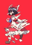  1girl absurdres ascot black_hair blue_ascot bow brown_shoes chest_sarashi closed_mouth commentary_request cone_horns detached_sleeves frilled_bow frilled_skirt frills from_side full_body gohei hair_bow hair_tubes hakurei_reimu highres holding holding_gohei horns if_they_mated kijin_seija loafers looking_at_viewer multicolored_hair natsu_(tohotiara) orb red_background red_bow red_skirt red_streaks ribbon-trimmed_sleeves ribbon_trim sarashi shoes short_hair simple_background single_horn skirt skirt_set small_horns socks solo story_in_commentary streaked_hair touhou white_horns white_socks white_streaks yin_yang yin_yang_orb 