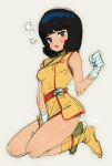  1girl aeug belt black_eyes black_hair blue_eyes blush boots breasts commentary_request dress fa_yuiry full_body gloves gundam hairband looking_at_viewer military_uniform moyori open_mouth science_fiction short_dress short_hair simple_background sketch sleeveless small_breasts solo white_gloves zeta_gundam 