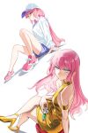  1girl absurdres baseball_cap bianca_abercrombie bike_shorts blue_eyes breasts clinic_of_horrors commentary dress duc_94 english_commentary gold_dress gold_shoes hat high_heels highres holding holding_syringe hood hoodie long_hair long_sleeves looking_at_viewer medium_breasts pink_hair pink_shoes second-party_source shoes sideboob simple_background sitting sneakers syringe white_background white_hat white_hoodie 