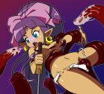  blue_eyes bodily_fluids bow_ribbon breasts chacrawarrior clothing cum cum_on_face dark_body dark_skin ear_piercing ear_ring female genital_fluids hair hi_res humanoid humanoid_pointy_ears jewelry la_blue_girl melee_weapon not_furry open_mouth piercing purple_hair shantae shantae_(series) simple_background solo sword tentacle_sex tentacles torn_clothing video_games wayforward weapon 