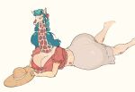  big_breasts big_butt breasts butt cleavage clothed clothing curvy_figure eyes_closed farley_(kyaramerucocoa) female fully_clothed fur giraffe giraffid green_hair hair hat headgear headwear hi_res horn huge_breasts huge_butt kyaramerucocoa long_hair long_neck lying mammal on_front simple_background solo spots spotted_body spotted_fur thick_thighs voluptuous white_background wide_hips 