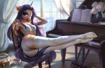  anthro beverage breasts clothing coffee cookie equid equine feet female flower food hair hasbro hi_res horn inside jumperkit keyboard_instrument lace lace_panties legs_up legwear mammal melody_verve musical_instrument my_little_pony piano plant plantigrade purple_hair rose_(flower) smile solo stockings underwear unicorn winter 