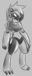  9:21 anthro breasts claws dipstick_ears female full-length_portrait fur greyscale hair hi_res long_hair lycanroc machine midnight_lycanroc midriff monochrome multicolored_ears multicolored_hair nintendo one_eye_obstructed pok&eacute;mon pok&eacute;mon_(species) portrait proto-ad3l protogen solo tetsushi two_tone_hair video_games visor 