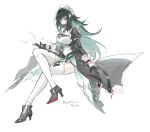  1girl aqua_eyes black_boots black_gloves boots breasts closed_mouth colored_shoe_soles danica_(genshin_impact) dress expressionless full_body genshin_impact gloves green_hair high_heel_boots high_heels highres invisible_chair knee_up large_breasts long_hair long_sleeves looking_at_viewer maid maid_headdress simple_background sitting solo thighhighs translation_request trkz_tmwk very_long_hair white_background white_thighhighs 