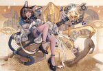  1girl anubis_(mythology) arknights black_shoes blunt_bangs breasts brown_hair cat cat_girl cat_tail caution_tape chinese_commentary commentary_request dark-skinned_female dark_skin egyptian_mythology heibai_chang_tong_wa highres holding holding_staff horus_(mythology) infection_monitor_(arknights) knee_up looking_at_viewer mage_staff mio_(beast_lord)_(arknights) open_mouth shoes sitting sleeves_past_fingers sleeves_past_wrists solo staff tail tail_ornament tail_ring titi_(arknights) yellow_eyes 