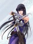  1girl armor armpits artist_name ayra_(fire_emblem) bandaged_arm bandages belt belt_pouch black_hair breastplate breasts brown_belt commentary_request cowboy_shot crossed_bangs drawing_sword dress earrings elbow_gloves fire_emblem fire_emblem:_genealogy_of_the_holy_war floating_bandage floating_hair glint gloves hair_between_eyes highres holding holding_sword holding_weapon jewelry long_hair looking_at_viewer medium_breasts mishiro_yabuh pauldrons pouch purple_dress purple_eyes scabbard serious sheath shoulder_armor side_slit signature simple_background single_bare_shoulder single_elbow_glove single_pauldron sleeveless sleeveless_dress solo sword unsheathing upper_body very_long_hair watermark weapon 