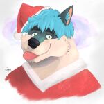  2021 anthro biped black_nose blue_hair canid canine christmas christmas_clothing christmas_headwear clothed clothing hair hat headgear headwear hi_res holidays male mammal portrait santa_hat sato_afroleone simple_background solo tongue tongue_out 
