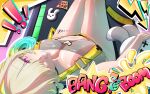  ! !! 1girl ahoge black_choker blonde_hair breasts choker cleavage clothing_cutout commentary elegg_(boom_and_shock)_(nikke) elegg_(nikke) english_text from_above game_controller_print goddess_of_victory:_nikke grin hair_intakes hair_over_eyes heart_cutout highres large_breasts long_bangs multicolored_hair navel official_alternate_costume open_mouth rabbit_choker rabbit_ornament ralzy_ralzareth see-through_clothes see-through_slingshot_swimsuit short_hair sitting slingshot_swimsuit smile solo swimsuit teeth thighs two-tone_slingshot_swimsuit yellow_slingshot_swimsuit 