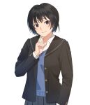  1girl amagami black_hair blazer blue_cardigan blue_skirt blush brown_eyes cardigan collared_shirt commentary_request finger_to_own_chin highres jacket kibito_high_school_uniform long_sleeves looking_at_viewer nanasaki_ai pleated_skirt ryo_taton school_uniform shirt skirt smile solo white_shirt 