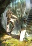  1girl a2_(nier:automata) abandoned absurdres android bare_shoulders building commentary dilapidated highres holding joints linadia11 looking_at_viewer looking_back moss nier:automata nier_(series) outdoors overgrown planted planted_sword post-apocalypse robot_joints ruins short_hair skyscraper solo sword water waterfall weapon wet wet_clothes wet_hair white_hair 
