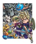  1boy 1girl belt black_eyes blonde_hair blue_eyes blue_tunic boots border bow bowl_cut bracer brother_and_sister brown_belt cape claws closed_mouth colored_sclera commentary_request creature dragon_quest dragon_quest_monster_battle_road_victory dragon_quest_v earrings fingernails gadis_(dragon_quest) gloves green_bow grin hair_bow hero's_daughter_(dq5) hero's_son_(dq5) holding holding_shield holding_sword holding_weapon hoop_earrings horns jewelry kaneko_osamu low_ponytail open_mouth outside_border pants pants_tucked_in pink_cape pointy_ears ponytail purple_cape serious sharp_fingernails shield short_hair siblings slime_(creature) slime_(dragon_quest) slime_stack smile spiked_hair standing stud_earrings sword tearwolf teeny_sanguini tunic weapon white_boots white_border white_gloves white_pants white_tunic yellow_sclera 