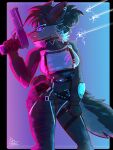 3:4 absurd_res action_pose anthro belt black_body black_fur blue_eyes blue_hair blue_lighting bottomwear canid canine canis clothing confident cosplay crop_top driftuwu ear_piercing ear_ring epic_games fangs female fortnite fur glowing glowing_eyes glowing_pupils gun hair handgun harness hi_res holding_gun holding_object holding_ranged_weapon holding_weapon mammal markings multicolored_hair neon neon_lights pack_leader_highwire pants piercing pistol pose purple_eyes ranged_weapon red_lighting red_markings ring_piercing shaded shirt simple_background smile smirk sol_evernight solo straps tactical_gear tail teeth three-quarter_view topwear weapon wolf
