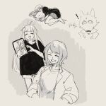  3girls ahoge ahoge_wag animal_ears blush cho_kaguya-hime! closed_eyes commentary expressive_hair fox_ears greyscale harurushi heart heart_hands heart_hands_duo highres kaguya_(cho_kaguya-hime!) kaguya_(tsukuyomi)_(cho_kaguya-hime!) long_hair monochrome multiple_girls open_mouth rabbit_ears rabbit_girl runami_yachiyo runami_yachiyo_(tsukuyomi) sakayori_iroha sakayori_iroha_(tsukuyomi) shirt short_hair shorts untranslatable_commentary 