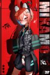  1girl absurdres ahoge alternate_costume animal_ears bag bandaid bandaid_on_leg black_shirt black_shorts black_undershirt blood blood_on_face blue_archive blush braid cat_ears character_name closed_mouth clothes_around_waist commentary earrings english_text fake_animal_ears from_side frown halo highres jacket jacket_around_waist jewelry millennium_science_school_logo mimic_(majin4821230365) mole mole_under_eye neru_(blue_archive) orange_hair red_background red_eyes school_bag shirt short_hair shorts standing wristband 