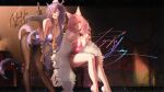  2girls absurdres alternate_costume animal_ears arknights bare_shoulders bent_over black_bow black_bowtie bow bowtie breasts brown_gloves brown_pantyhose cleavage commentary detached_collar elbow_gloves english_commentary feet_out_of_frame gandy_(gan3e46) gloves highres holding holding_plate horns indoors legs leotard ling_(arknights) long_hair looking_at_viewer multiple_girls necktie one_eye_closed pantyhose pink_eyes pink_hair pink_leotard pink_shoes plate pozyomka_(arknights) purple_eyes purple_hair purple_leotard shoes signature sitting tail thighs tongue tongue_out yellow_necktie 