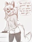  annette_(ruth66) anthro bottomless breasts canid canine clothed clothing digital_media_(artwork) english_text female fox genitals hi_res hoodie mammal no_underwear pussy ruth66 sketch smile solo standing text topwear 