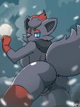  anthro anus butt clothing deathzera female genitals gloves handwear hi_res legwear looking_at_viewer low-angle_view moon mostly_nude nintendo pok&eacute;mon pok&eacute;mon_(species) pussy rear_view snow solo thigh_highs video_games zorua 