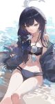  1girl absurdres afloat bandeau bikini black_bikini black_coat black_hair blue_archive breasts chinese_commentary coat commentary_request grey_eyes grey_halo halo halterneck highres kisaki_(blue_archive) kisaki_(swimsuit)_(blue_archive) long_hair looking_at_viewer md5_mismatch navel official_alternate_costume official_alternate_hairstyle revision shin_oooooo small_breasts solo stomach swimsuit thighs very_long_hair 