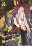  1girl animal_ears artist_name black_coat blonde_hair blue_eyes brown_hair character_name closed_mouth coat collared_shirt commentary_request cowlick dream_journey_(reminder_of_dreamland)_(umamusume) dream_journey_(umamusume) english_text eyewear_strap glasses gun handgun horse_ears horse_girl jewelry light_smile long_hair looking_at_viewer m1911 multicolored_hair okazuwa_shake red_nails red_shirt ring shirt solo streaked_hair trigger_discipline twitter_username umamusume weapon white_hair 