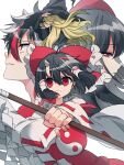  >:( 4girls black_hair blonde_hair bow commentary_request cone_horns detached_sleeves dress frilled_bow frilled_hair_tubes frills gohei hair_between_eyes hair_bow hair_tubes hakurei_reimu hat highres holding holding_gohei holding_orb horns if_they_mated kijin_seija kirisame_marisa long_hair looking_at_viewer looking_back multicolored_hair multiple_girls natsu_(tohotiara) orb red_bow red_eyes red_hair red_skirt ribbon-trimmed_sleeves ribbon_trim shirt short_hair simple_background skirt skirt_set small_horns smile story_in_commentary streaked_hair touhou v-shaped_eyebrows white_hair white_horns white_shirt witch_hat yellow_eyes yin_yang yin_yang_orb 