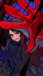  1girl absurdres angry attacking_viewer black_cloak black_hair blue_background cloak commentary_request fate/strange_fake fate_(series) highres hood hood_up hooded_cloak looking_at_viewer marumai no_name_assassin_(fate) red_eyes simple_background solo teeth toes zabaniya_(fate) 