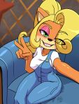  activision anthro bandicoot blonde_hair clothing coco_bandicoot crash_bandicoot_(series) deathzera female gesture grin hair hair_over_eye hi_res looking_at_viewer mammal marsupial nipple_outline one_eye_obstructed overalls selfie sitting smile solo v_sign video_games 