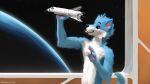  16:9 2020 5_fingers ambiguous_gender anthro biped blep blue_body blue_eyes blue_fur canid canine canis detailed_background fingers fur geewolf hi_res holding_object mammal nude pawpads planet solo space space_shuttle spacecraft tongue tongue_out toy vehicle white_body white_fur widescreen wolf 