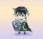  1boy accio_gamecube ankle_boots armor black_hair black_shirt blue_hair boots brown_armor brown_jacket cape chain chibi closed_mouth collared_shirt commentary elbow_gloves english_commentary frost frown full_body fur-trimmed_armor fur_trim gloves gradient_background gradient_hair green_cape green_eyes green_pants grey_armor grey_boots high_collar holding holding_shield iwatani_naofumi jacket leather leather_gloves legendary_shield_(tate_no_yuusha_no_nariagari) long_sleeves male_focus messy_hair multicolored_hair pants pants_tucked_in pauldrons purple_background shield shirt short_hair short_sleeves shoulder_armor solo tate_no_yuusha_no_nariagari two-tone_hair v-shaped_eyebrows white_fur yellow_background 