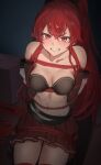  1girl absurdres arms_behind_back black_bra bound bra breasts clenched_teeth collarbone commentary eris_greyrat highres long_hair looking_at_viewer medium_breasts mushoku_tensei navel open_mouth pleated_skirt ponytail red_eyes red_hair restrained sitting skindentation skirt solo stomach sweat teeth tetsuffy_(tetsulul) underwear very_long_hair 