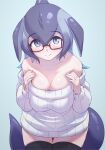  1girl anchor_hair_ornament blowhole blue_eyes blue_hair blue_whale_(kemono_friends) blush breasts cetacean_tail cleavage commentary_request dorsal_fin dress fins fish_tail glasses grey_hair hair_ornament highres kemono_friends large_breasts long_hair long_sleeves looking_at_viewer lowlandgorilla multicolored_hair off_shoulder smile solo sweater tail thighhighs turtleneck 