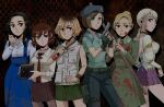  6+girls beret beretta_92 black_gloves black_hair blonde_hair blood blood_on_clothes blood_on_face blue_eyes blue_hat brown_hair camera catfish_pond clock_tower:_the_first_fear clock_tower_(series) commentary demento eleanor_(rule_of_rose) english_commentary fatal_frame fatal_frame_1 fingerless_gloves fiona_belli gloves green_skirt gun handgun hat heather_mason highres hinasaki_miku holding holding_camera holding_gun holding_knife holding_weapon jennifer_simpson jill_valentine knife multiple_girls parted_lips resident_evil resident_evil_1 rule_of_rose silent_hill_(series) silent_hill_3 skirt weapon 