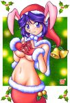  1998 1girl animal_ears bell blue_eyes breasts christmas commentary gloves green_background hat jingle_bell kenix nude original purple_hair rabbit_ears santa_costume santa_hat smile standing white_fur 