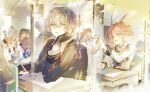  2boys 6+girls alternate_costume animal_ears black_gloves black_jacket blazer blowing_bubble_gum blue_bow blue_bowtie bow bowtie brown_hair caelus_(honkai:_star_rail) chair chewing_gum classroom contrast_collar desk drawing_(object) dress elbow_rest evanescia_(honkai:_star_rail) eyewear_on_head fox_ears fox_girl from_outside gloves graphia_academy_school_uniform grey_hair highres himeko_(honkai:_star_rail) holding holding_paper holding_pencil honkai:_star_rail honkai_(series) jacket kino-cands long_hair long_sleeves looking_at_another looking_outside lossy-lossless march_7th_(honkai:_star_rail) multiple_boys multiple_girls notebook official_alternate_costume on_chair open_mouth paper pencil pink_hair purple_eyes red_dress red_hair school_chair school_desk school_uniform shirt short_hair short_hair_with_long_locks silver_wolf_(honkai:_star_rail) sitting sparkle_(honkai:_star_rail) sparxie_(honkai:_star_rail) stitched trailblazer_(honkai:_star_rail) twintails twitter_username welt_yang white_jacket white_shirt yellow_eyes 
