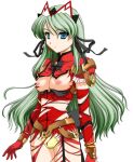  1girl 2000s_(style) blue_eyes bodysuit breasts cameltoe closed_mouth earrings elixir_rose expressionless game_asset gloves green_hair hair_ribbon headdress jewelry kagashima_itsuki large_variant_set long_hair magical_girl mahou_senshi_(series) mahou_senshi_elixir_knights medium_breasts nipples non-web_source official_art panties ribbon saitou_natsuki self-datamine simple_background solo tachi-e torn_clothes transparent_background underwear variant_set yellow_panties 