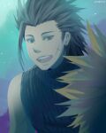  2boys artist_name black_hair black_sweater blonde_hair blue_background cloud_strife commentary cross_scar dated earrings english_commentary facing_away final_fantasy final_fantasy_vii grey_eyes jewelry light_particles long_hair looking_at_another lowres male_focus multiple_boys open_mouth scar scar_on_cheek scar_on_face semokan sleeveless sleeveless_sweater smile spiked_hair stud_earrings sweater turtleneck turtleneck_sweater upper_body zack_fair 