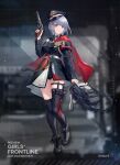  1girl ankle_boots bag belt black_hat black_jacket black_thighhighs boots breasts capelet character_name collared_shirt commentary copyright_name cup elevation_contour_lines english_commentary full_body girls'_frontline grey_boots grey_hair grey_shirt gun handgun hat holding holding_bag holding_cup jacket long_sleeves looking_at_viewer mateba_model_6_unica medium_breasts military_hat necktie off-shoulder_jacket off_shoulder official_art pouch promotional_art red_capelet revolver shirt short_hair side_capelet skindentation smile solo standing tachi-e thigh_pouch thighhighs u-suke_(supertie) unica_6_(girls'_frontline) weapon white_belt yellow_eyes yellow_necktie 