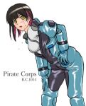  1girl bent_over black_hair blush colored_inner_hair dripping dripping_sweat ear_piercing english_text gundam gundam_g_no_reconguista looking_at_viewer mecha_pilot_suit medium_hair multicolored_hair normal_suit_(gundam) original partially_unzipped piercing seotaku_(kyokkou) simple_background sketch solo sweat turning_head white_background yellow_eyes 